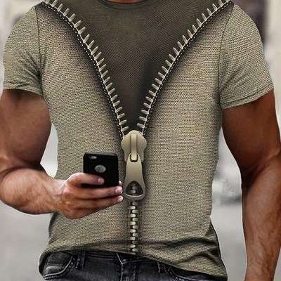 TEMU Men's Summer Casual Short Sleeve T-shirt With Full-zip Front & Smartphone - Breathable Fabric, Hd , Round Neck For Outdoor Sports & Casual Attire, Everyday Tshirt | Tee | Trendy Casualwear Image