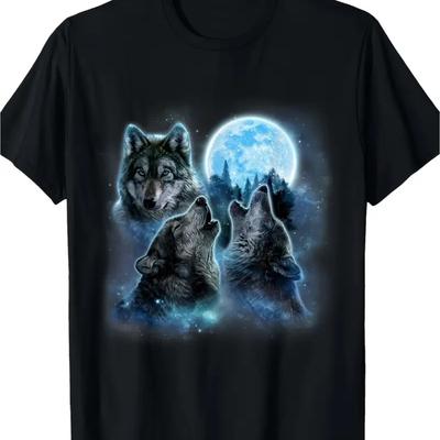TEMU Wolf And Moon Pattern T-shirt, 100% Cotton, Casual Round Neck, Short Sleeve, Breathable Knitted Fabric, Regular Version, With Heat Transfer Printing, Adult Style, Pullover T-shirt, Wolf T-shirt Image