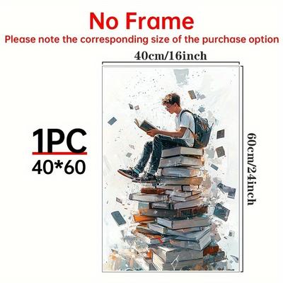 TEMU 1pc Artistic Canvas Poster - Young For Man On Books Stack, Wall Art For Living Room, Bedroom, Office, Cafe Decor, Unique Gift Idea, Wall Art Decor Image