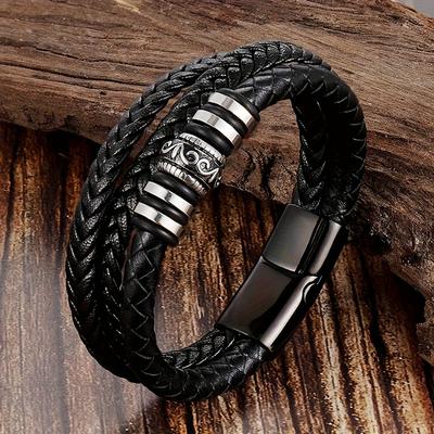 TEMU Handmade Braided Leather Bracelet For Men - Elegant Adjustable Wristband, Durable Everyday & Party Jewelry Gift For Him Image