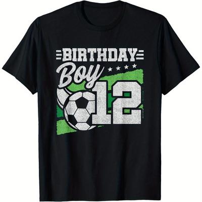 "TEMU Men's 12th Birthday Soccer T-shirt - 100% Black Crewneck Tee With "birthday Boy" Soccer Ball Graphic, Regular Fit S-xxxl, Casual Sports & Casual Attire, Machine Washable" Image