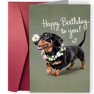 TEMU 1pc Dachshund Birthday Card, Cartoon Dog With Floral Wreath, Fantasy Theme, Personalized Greetings, Thoughtful Birthday Wishes For Pet Lovers Image
