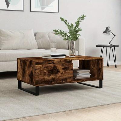 "TEMU Spacious Smoked Oak Coffee Table With Black Metal Accents - 36"x20"x14.5", Hardwood, Easy Required - Ideal For Room" Image