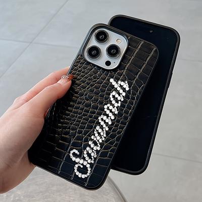 TEMU Personalized Customized Rhinestone Name Letter Shining Glitter Texture Pu Soft Phone Case For 15 14 11 16 15 14 Plus Shockproof Back Cover Image