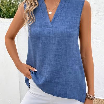TEMU Women's Chic Blue V-neck Sleeveless Top With Decorative Buttons - Casual Solid Color Blouse For Spring, Summer & Fall Image
