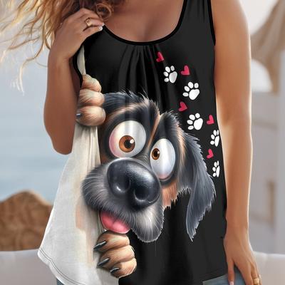 TEMU Elegant Plus Size Women's Sleeveless Tank Top With 3d Printed - Black, Comfortable Summer Top For Casual Attire, Casual Attire Top| Dog Print|stretchy Fabric, Dog Tank Top Image
