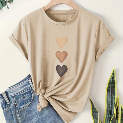 TEMU 3 Heart Print Fashion Retro Style Women's Casual Sporty Round Neck Short Sleeve T-shirt Image