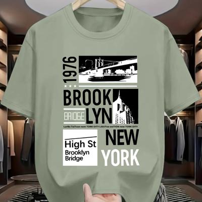 TEMU Boys' Summer Casual Crew Neck T-shirt, Letter & Bridge Graphic Print, Polyester Knit Fabric With Stretch, Spring/summer Outdoor Activities - 94% Polyester 6% Spandex Image