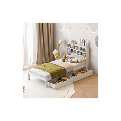 TEMU Ycz Single Bed 90x200, Bed With 2 Storage Drawers, Nightstand With Shelves, Solid Wood Bed, Youth Bed, Adult Bed, Guest Bed, Children's Bed Frame, White Image