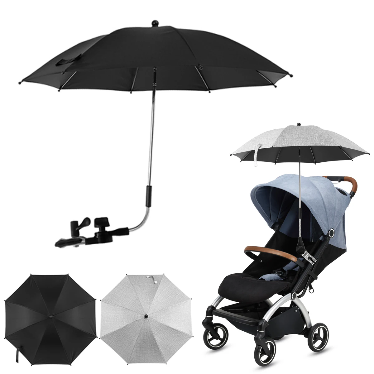 Strandkorb Regenschirm UV-Schutz Kinderwagen Regenschirm 360° ° Verstellbarer Stuhl-Sonnenschutz mit Klemme, regen- und winddicht Image