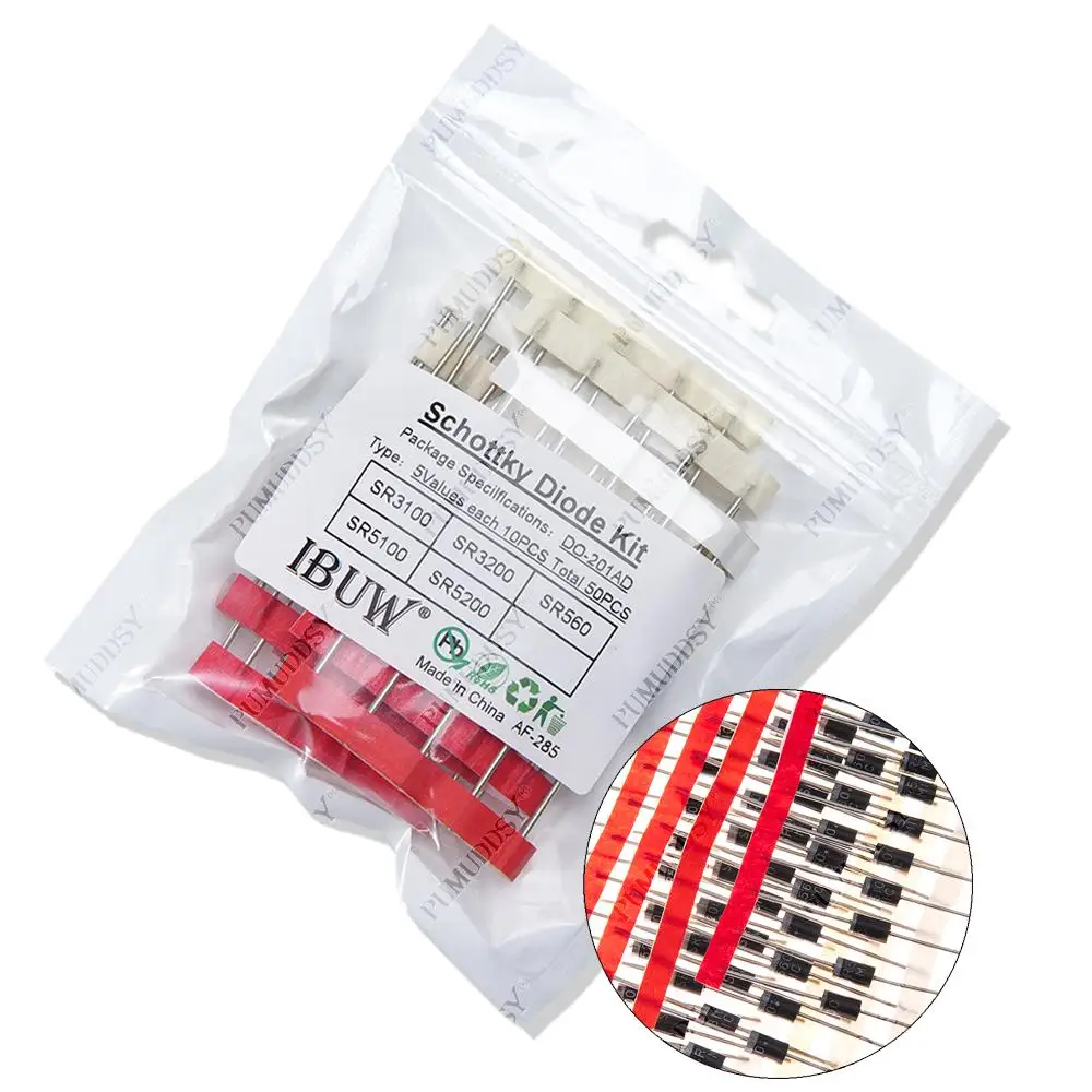 Kit 50 Stück = 5 Werte * 10 Stück Schottky-Dioden-Sortiment-Kit SR3100 SR3200 SR5100 SR5200 SR560 Jeweils 10 Stück Image