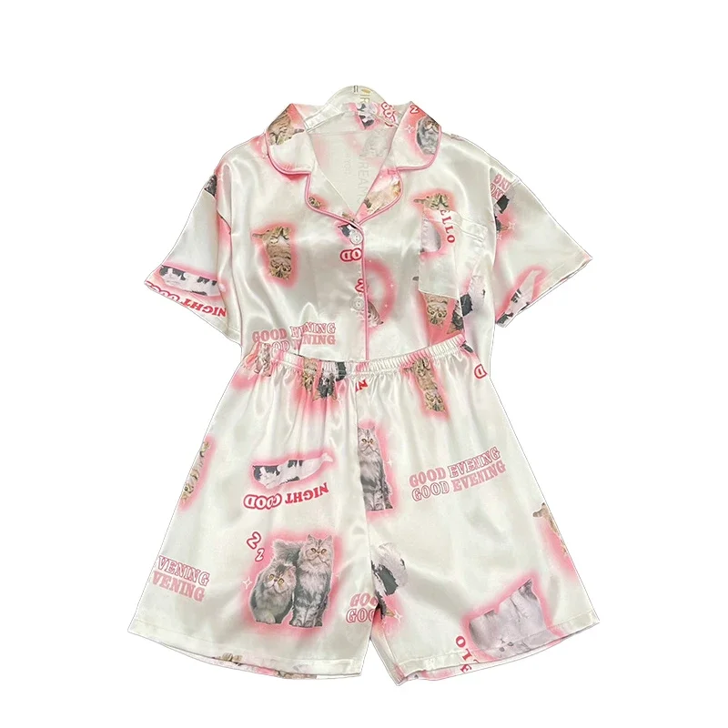 Kawaii Jugend Mädchen Satin Homewear Kurze Lange Mode Pyjama Nette Katze Druck Sommer Neue Dünne Pyjamas für Frauen Seide Hause set Image