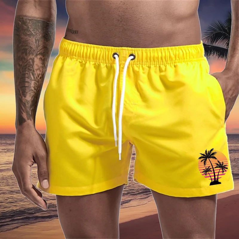 Strandshorts mit Sonnenuntergang-Kokosnussbaum-Aufdruck für Herren, Sommer, schnell trocknende Boardshorts mit Netzfutter, Seitentaschen, Badebekleidung, Badehose Image