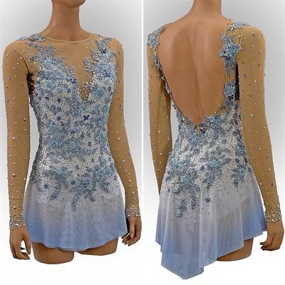 Figure Skating Dress Women's Girls' Ice Skating Dress Sky Blue White Patchwork Open Back Mesh High Elasticity Training Competition Skating Wear Classic Crystal / Rhinestone Long Sleeve Ice Skating