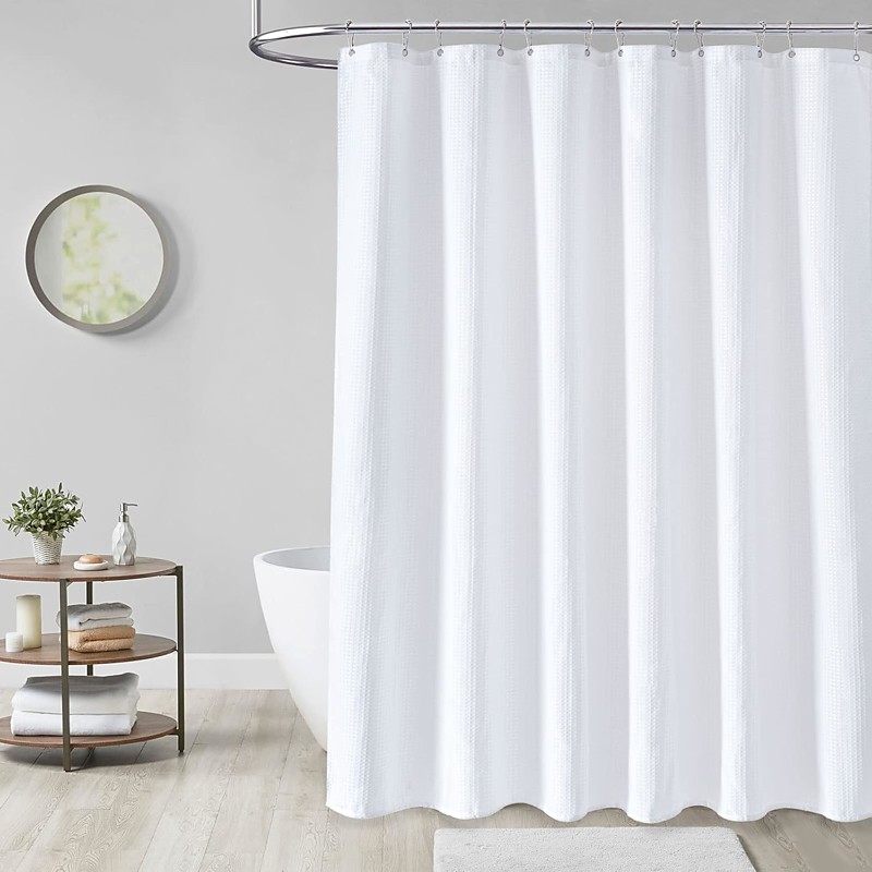 Fabric Shower Curtain Waffle Textured Heavy Duty Cloth Curtains for Bathroom, Hotel Spa Luxury Weighted Polyester Bath Curtain Set with 12 Plastic Hooks