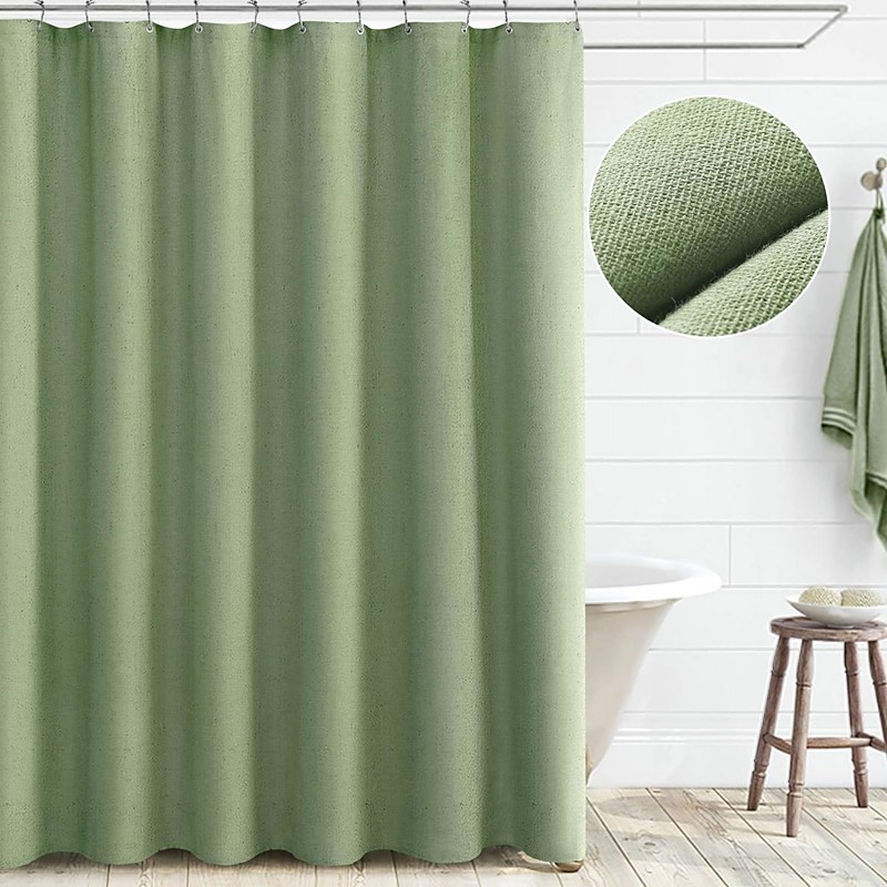 Linen Feel Shower Curtain with 12 Hooks Beige Boho Farmhouse Shower Curtains for Bathroom Natural Cloth Cotton Fabric Liner