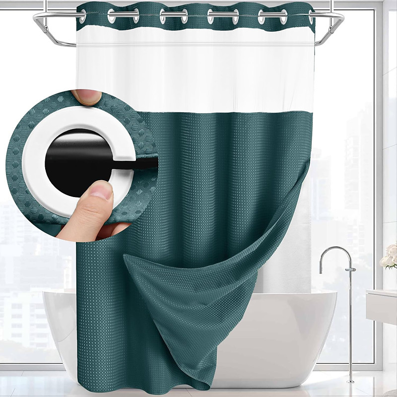 Waffle Weave Shower Curtain 180cm180cm(7070) with Snap-in Fabric Liner Set, Solid Colored Hotel Style for Bathroom with Mesh Top Window