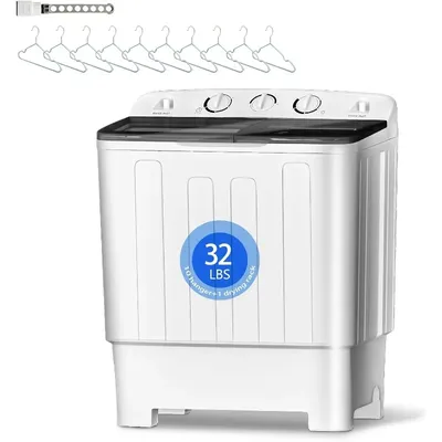 Portable Mini Twin Tub 32Lbs Washing Machine with Drying Rack and 10 Hangers, Washer(20Lbs) and