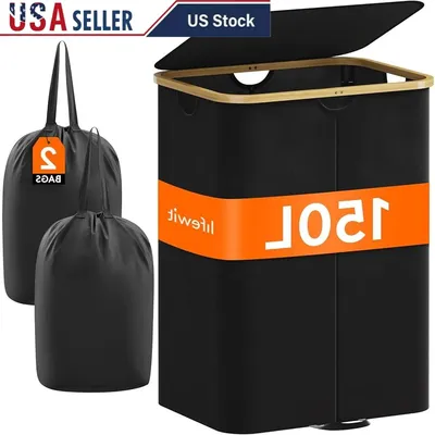 150L Double Laundry Hamper Portable Foldable Clothes Basket with Detachable Bags Sturdy Polyester