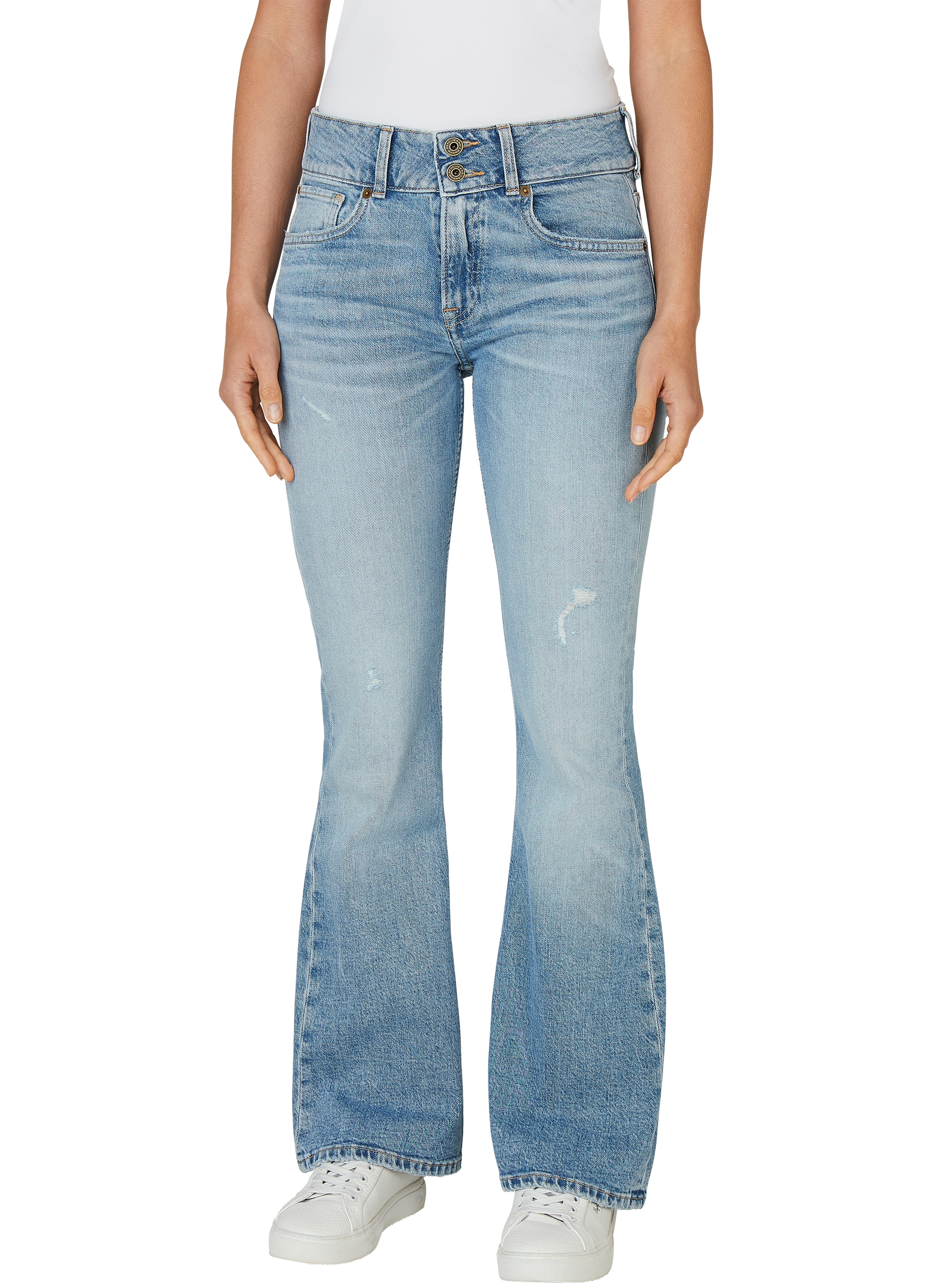 5-Pocket-Jeans PEPE JEANS "FLARE JEANS MW VENUS", Damen, Gr. 30, Länge 32, light used bleached, Denim/Jeans, Obermaterial: 99% Baumwolle, 1% Elasthan, ausgestellt, Jeans 5-Pocket-Jeans, im Flared Fit
