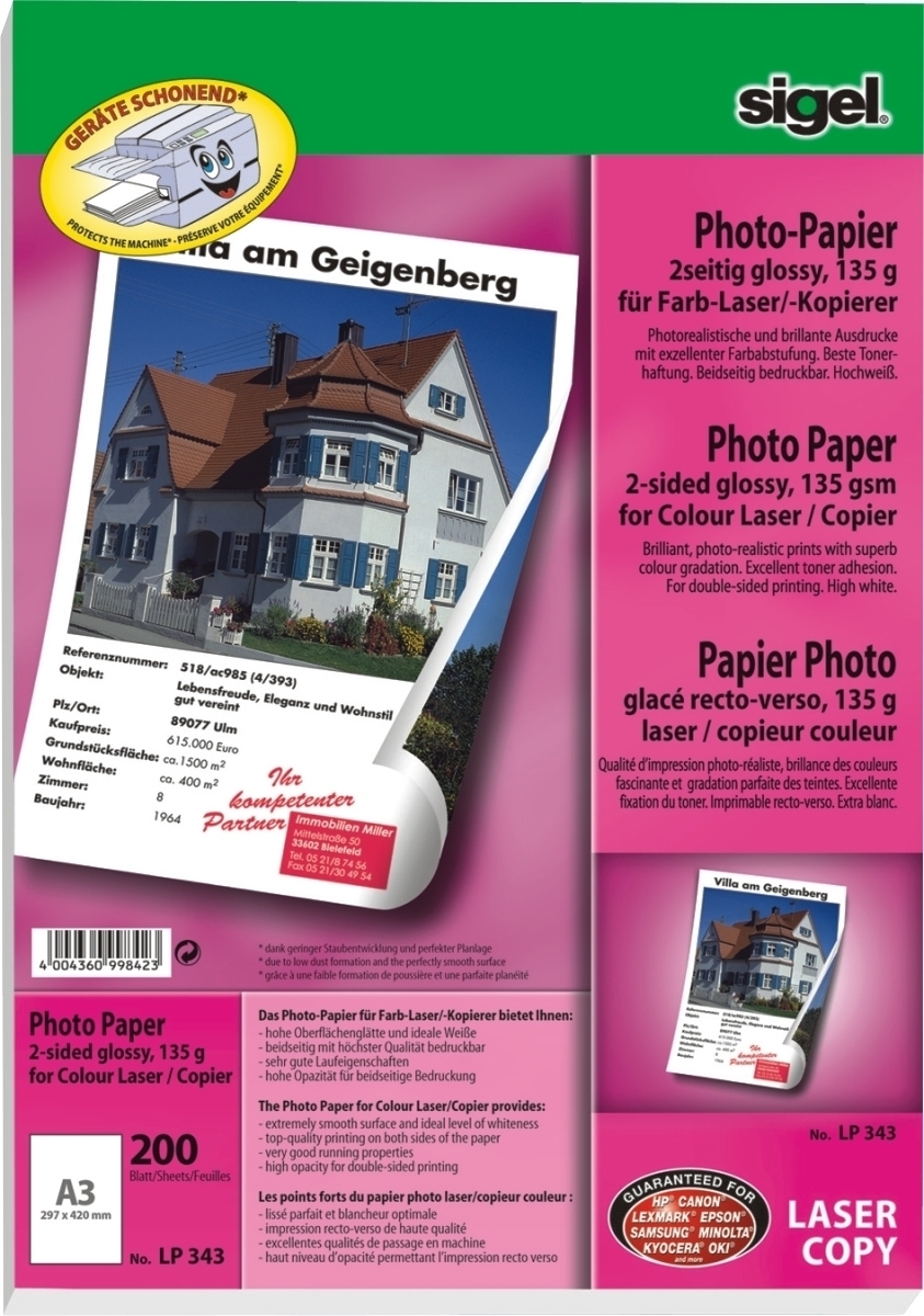 Sigel Fotopapier A3 Farblaser/Kopier 135g/qm glossy VE=6x200 Blatt Image