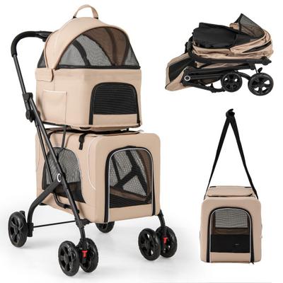 Costway Double Pet Stroller Foldable 3-in-1 Dog Stroller with 2 Detachable Carriers-Beige