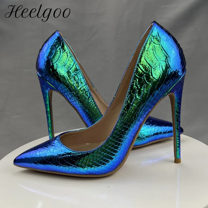 Heelgoo glänzend blau Schlangen leder Frauen sexy spitzen Zehen Slip auf High Heel Schuhe Damen Party Nachtclub Stiletto Pumps plus Größe 46