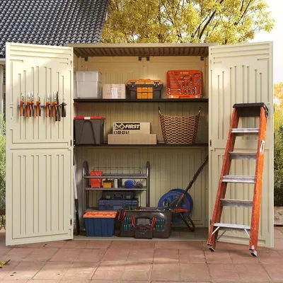 Vertical resin storage shed, plastic outdoor waterproof, 5.6 x 2.3 feet, garden tools and outdoor