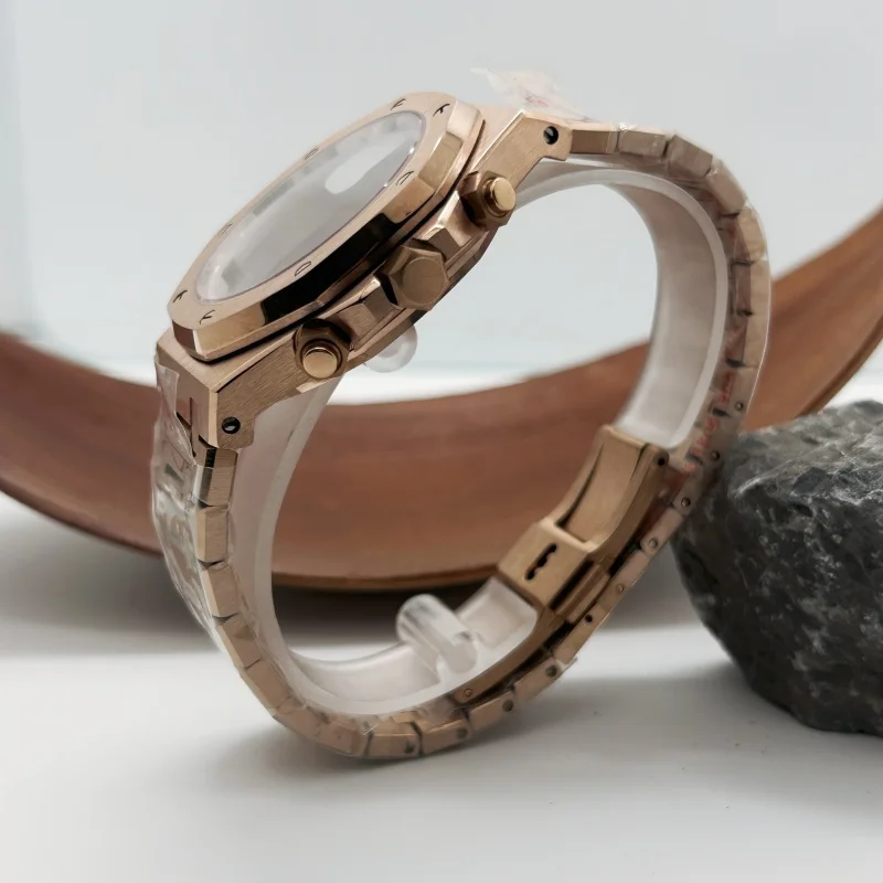 Montre en or Rose pour hommes, accessoire modifié de 41mm, chronographe, bracelet en acier inoxydable pour chêne japon VK63/64, mouvement à Quartz, sans Logo
