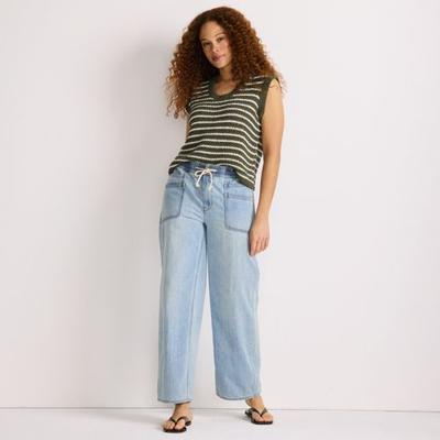 Relaxed Straight Leg Drawstring Jeans, Women, size: 4, petite, Blue, Cotton, by Lands' End