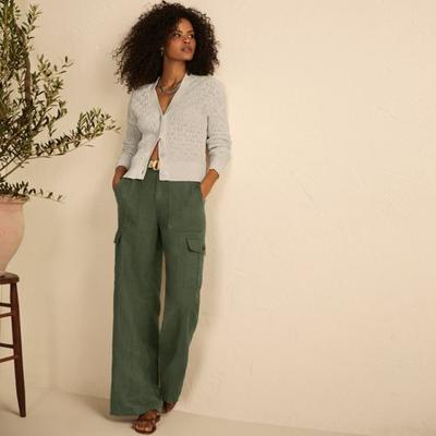 Wide Leg Linen Cargo Trousers, Women, size: 16, regular, Green, Linen, by Lands' End