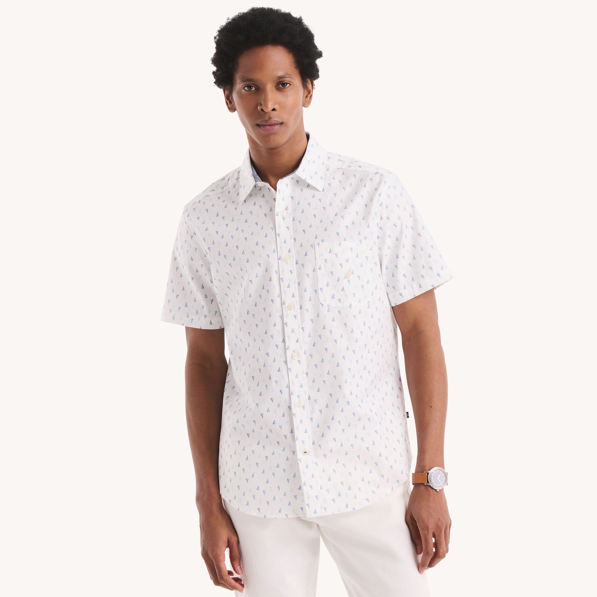Nautica Men's Printed Oxford Short-Sleeve Shirt 134 (Sail White), S