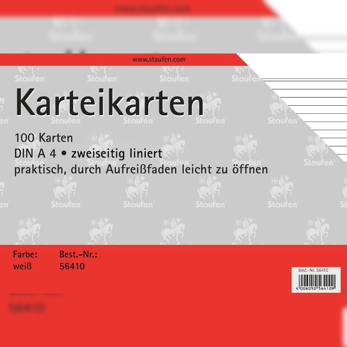 Staufen Karteikarten A4 180 g/qm liniert weiß VE=5x100 Stück Image