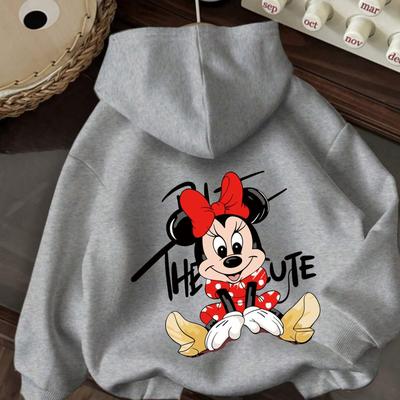 TEMU Mouse Graphic Print Hooded Sweatshirt - Women's Casual Pullover With Drawstring Hood, , Machine Washable, White With Red Bow & Polka Dots, Comfortable Clothing, Easycare Textile Image