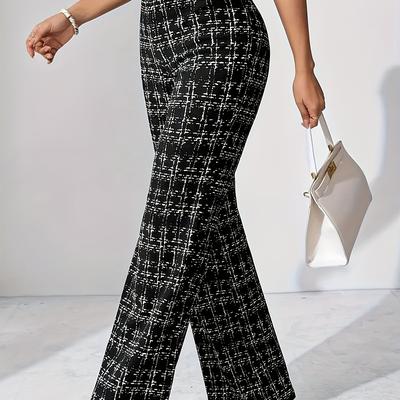 TEMU Women's Chic Black And White Straight-leg Pants With Button Detail - Versatile For Spring/summer/fall, High Waist Design For Casual And Formal Occasions Image