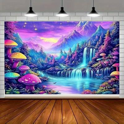 TEMU 1 Large-sized Forest & Waterfall Uv Black Light Tapestry - Vibrant Mushroom & Foliage Design, Polyester Wall Hanging For Living Room, Bedroom, Office Decor & Parties, Landscape Decor Image