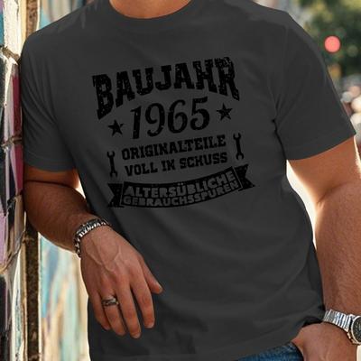 "TEMU Plus Size Men's "baujahr 1965" Graphic T-shirt - Casual Crew Neck, Short Sleeve, Lightweight & Breathable For Summer, Casual Attire|star |lightweight Shirt" Image