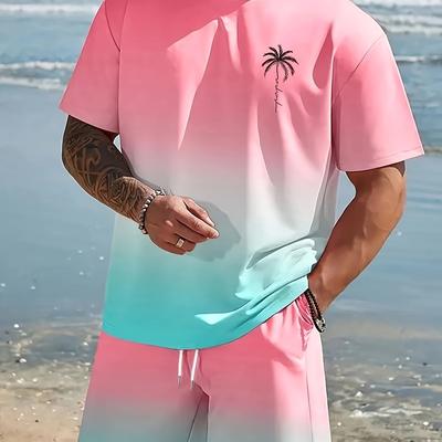 TEMU Men's Casual Short-sleeve Sports Set Featuring A Gradient Color Letter - Made From A Blend Of Polyester And Spandex, Knitted Fabric, , Round Neck, Stylish Summer Collection. Image