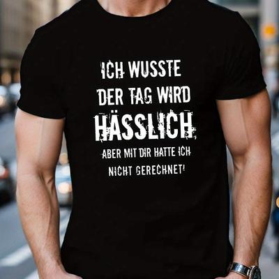 TEMU Men's Funny German Geometric Pattern Short Sleeve T-shirt- Casual Round Neck Loose Fit Summer Top With Humorous Text Design, Machine Washable, , Casual Summer Wear| Fun Text Tshirt| Fabric Image