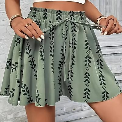 TEMU Women's Summer Casual High-waisted Wide-leg Shorts With Elastic Waistband, Geometric Pattern, And Decorative Drawstring - Light Green, Comfortable Polyester Fabric For Casual Attire Image