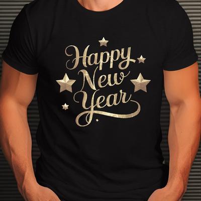 TEMU Happy New Year Men's T-shirt - Casual Crew Neck Polyester Tee With Geometric , Knit Fabric Regular Fit Short Sleeve Shirt For Summer Image