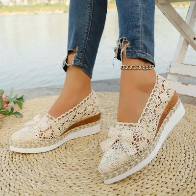 TEMU Of Beige Floral Heel Pu Rope Lightweight Sole Fashion Casual Pointed Toe Women's Loafers Image