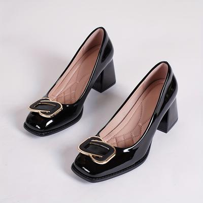 TEMU Elegant Women's Block Heel Pumps With Metallic - Stylish Square Toe Dress Shoes, Soft Synthetic Leather Upper & Rubber Sole, Non-slip, Wear, Sexy High Heel Image