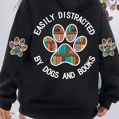 TEMU Dog Paw And Books Print Hoodie, Drawstring Casual Hooded Sweatshirt For Winter & Fall, Women's Clothing Image