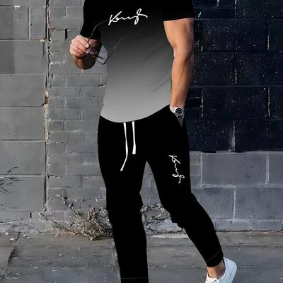 TEMU Men's Polyester Sportswear | Elegant Casual Round Neck | Slightly Stretchy Knitted Fabric With 3d Print | Regular Fit Two-piece Set | Patterned Short-sleeve T-shirt And Long Pants Image