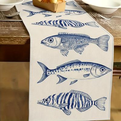 TEMU 1pc Ocean-themed Table Runner - Marine In Vibrant Colors, Durable Polyester Fabric, Rectangular Kitchen & Dining Decor For Beach Parties, Vacations, Home Decor, Ocean Theme Decor Image