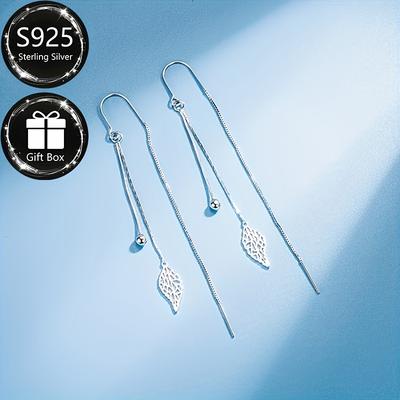 TEMU A Pair Of Women's Tassel And Hollow Leaf Design Earrings 925 Silvery, Suitable For And Gift Image