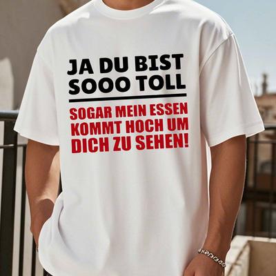 "TEMU Men's Casual Crew Neck T-shirt, German Quote, Summer Knit Polyester Top, Regular Fit, Stretch, Geometric Pattern, 150gsm - "i Might " Graphic Tee" Image