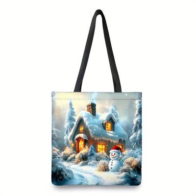 TEMU 1pc Winter Snowman Print Tote Bag For Women, Polyester Dual-sided Reusable Shoulder Handbag With Spacious Interior, Stylish Bag With Polyester , No Closure Image