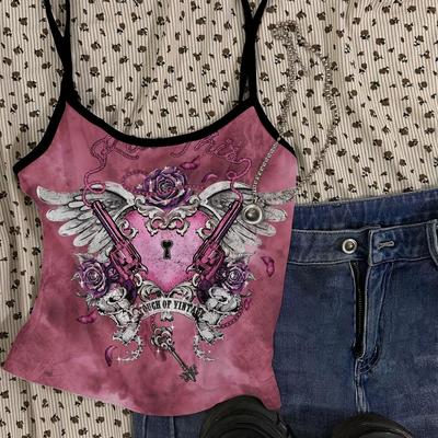 TEMU Y2k Retro Casual Printed Sleeveless Cami Top, Geometric Pattern, Spaghetti Strap Style, Women's Fashion Image